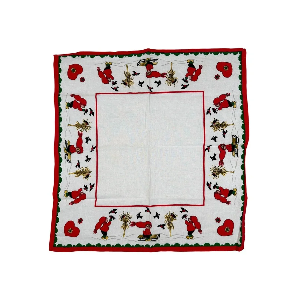VTG Trad'l Swedish Christmas Tablecloth 22x22 White Red Scandinavia Tomte Gnomes